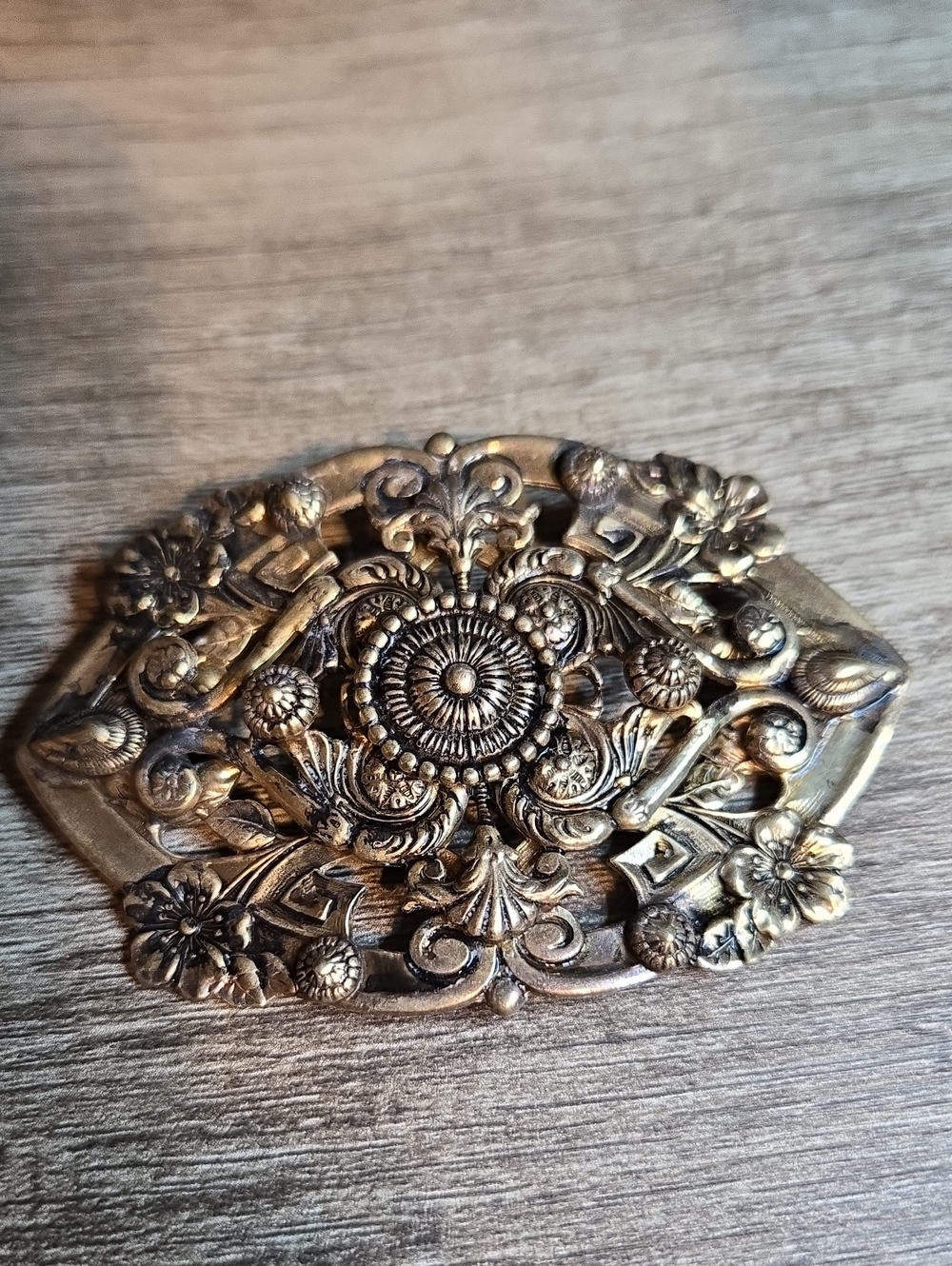 Vintage Victorian Style Brass Ornate Sash Pin Brooch Large 3"x2"